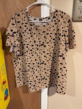 SHEIN Tan Blouse with Black Spot Print and Ruffle Short Sleeves